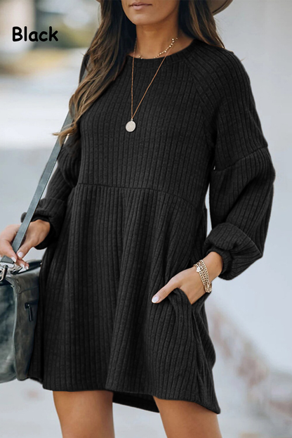 Black Empire Waist Ribbed Knit Dress