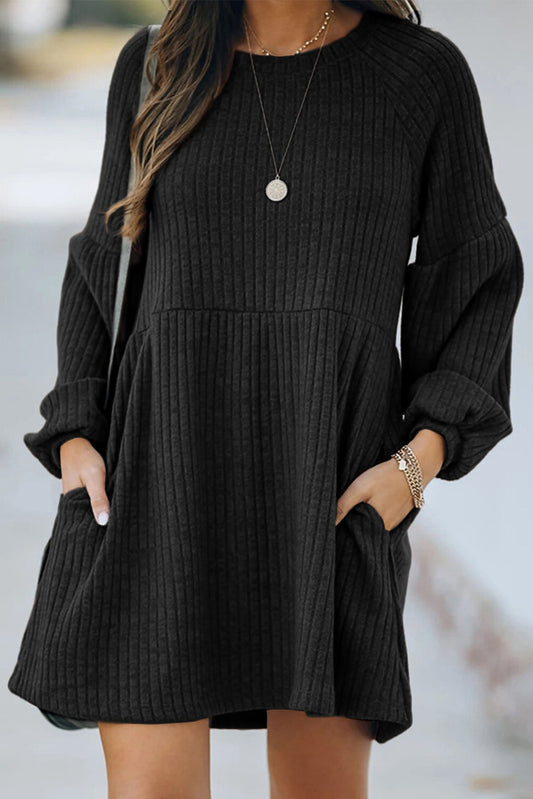 Black Empire Waist Ribbed Knit Dress