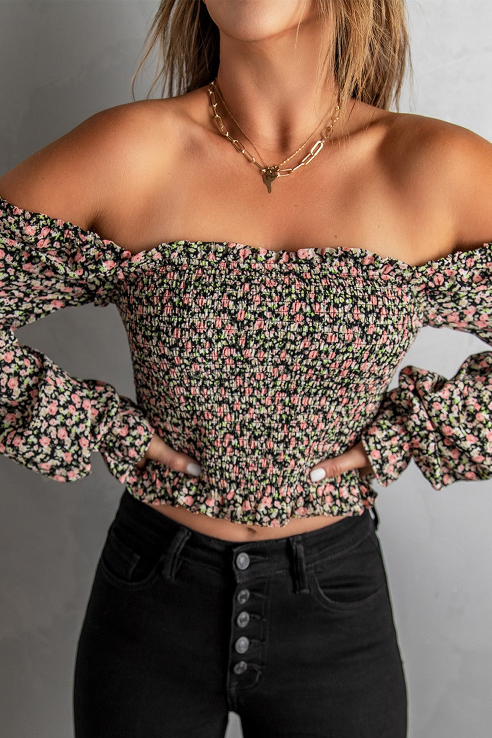 Puff Sleeve Floral Smocked Crop Top