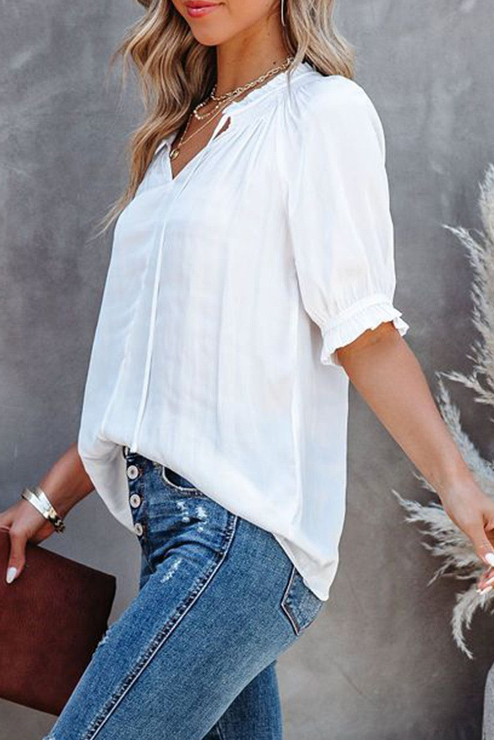 White Split Frill Neck Puff Sleeve Blouse