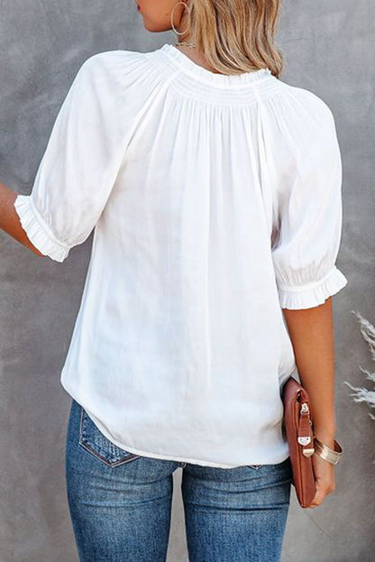 White Split Frill Neck Puff Sleeve Blouse