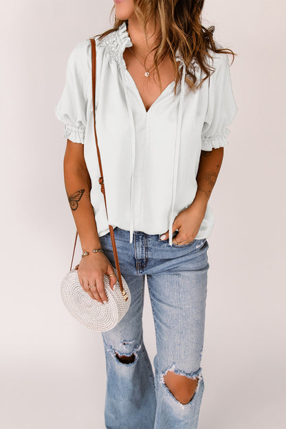 White Split Frill Neck Puff Sleeve Blouse