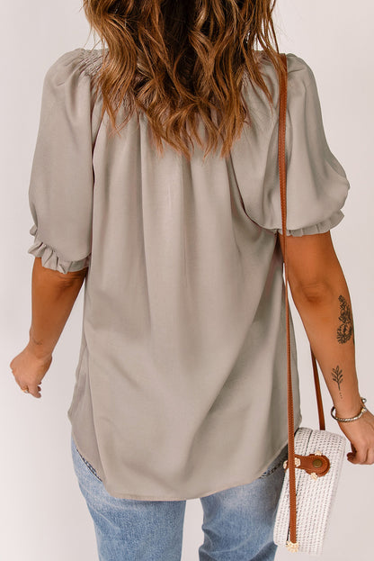 Split Frill Neck Puff Sleeve Blouse