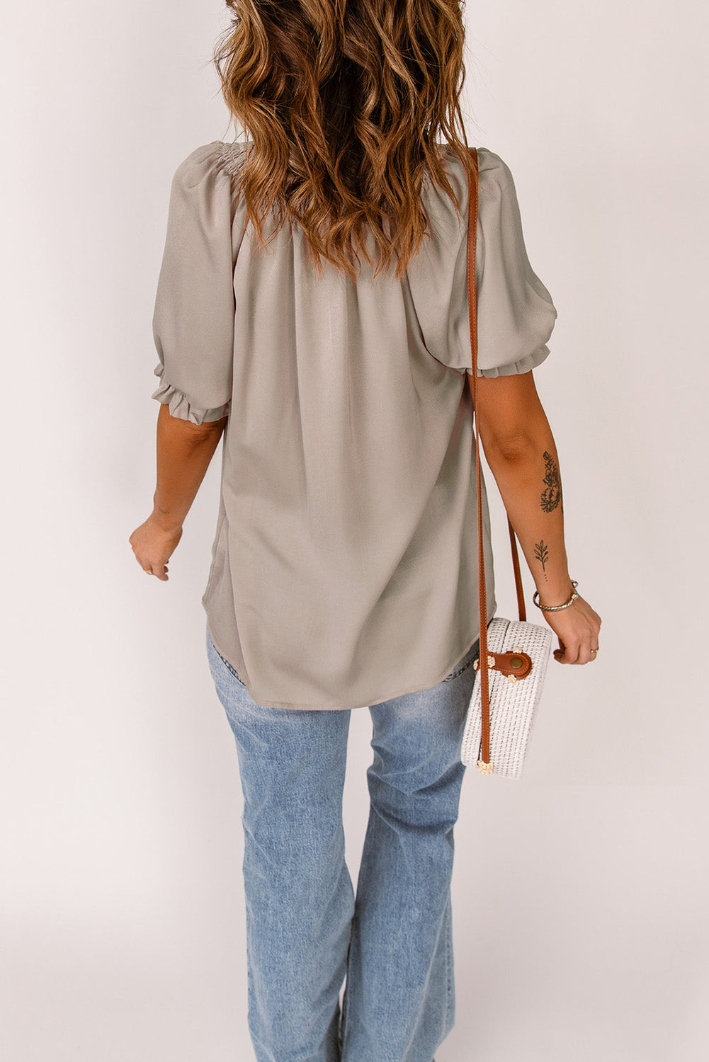 Split Frill Neck Puff Sleeve Blouse