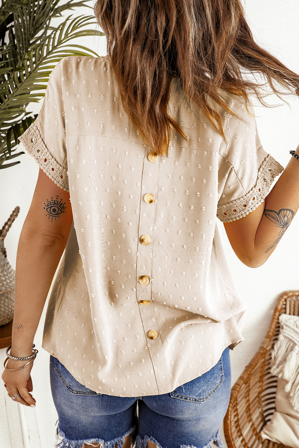 Beige Swiss Dot Lace Splicing Short Sleeve Top