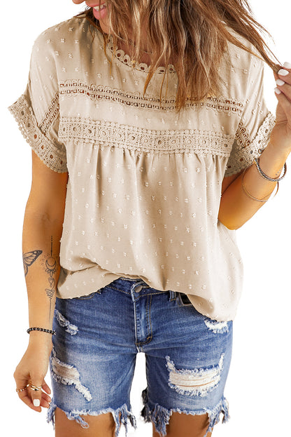 Beige Swiss Dot Lace Splicing Short Sleeve Top