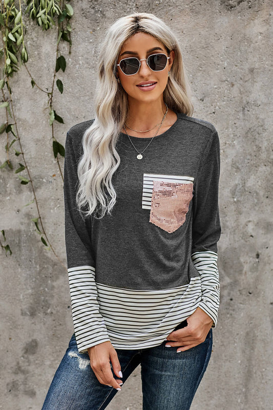 Sequin Front Pocket Long Sleeve Top | 3 Colors |