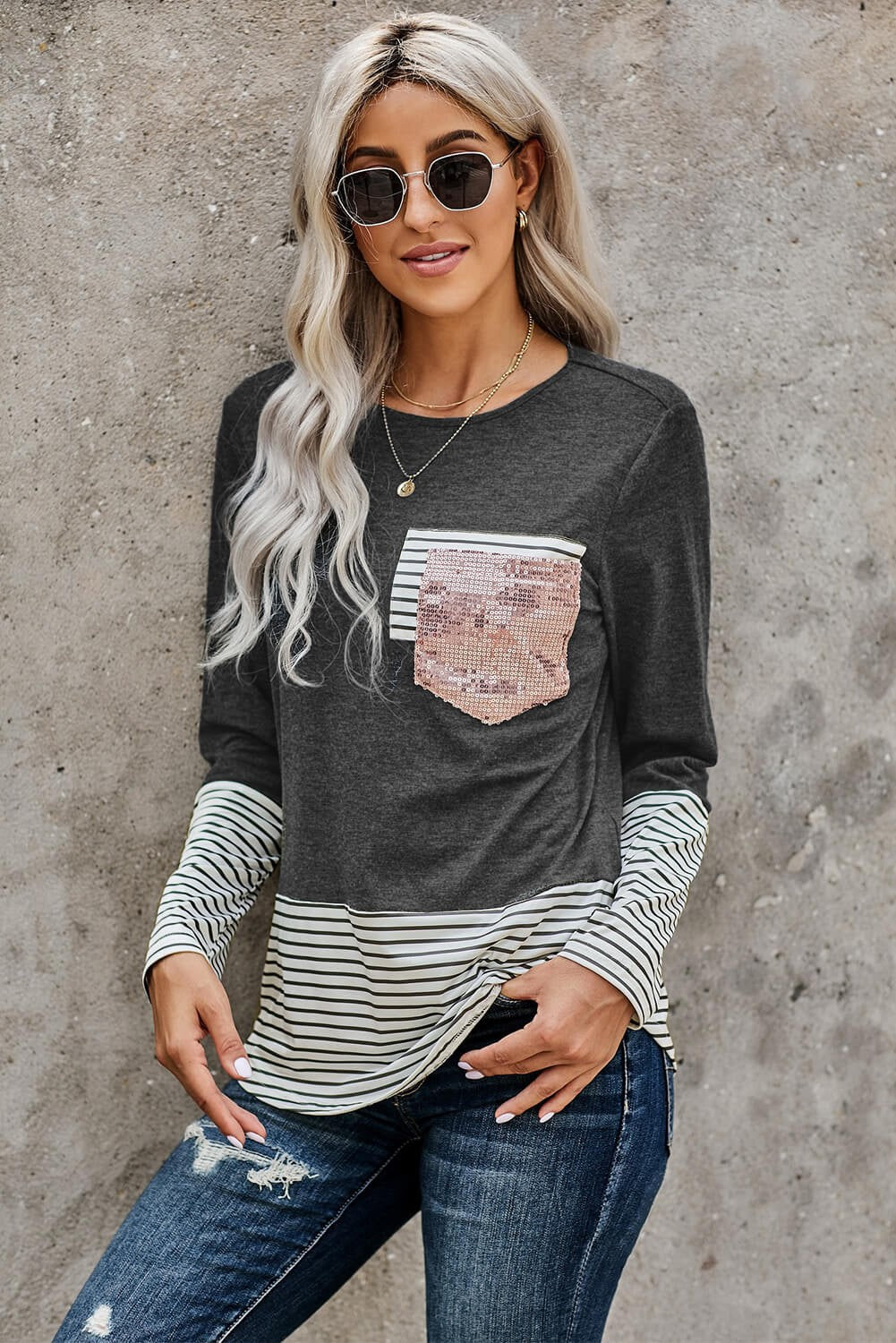 Sequin Front Pocket Long Sleeve Top | 3 Colors |