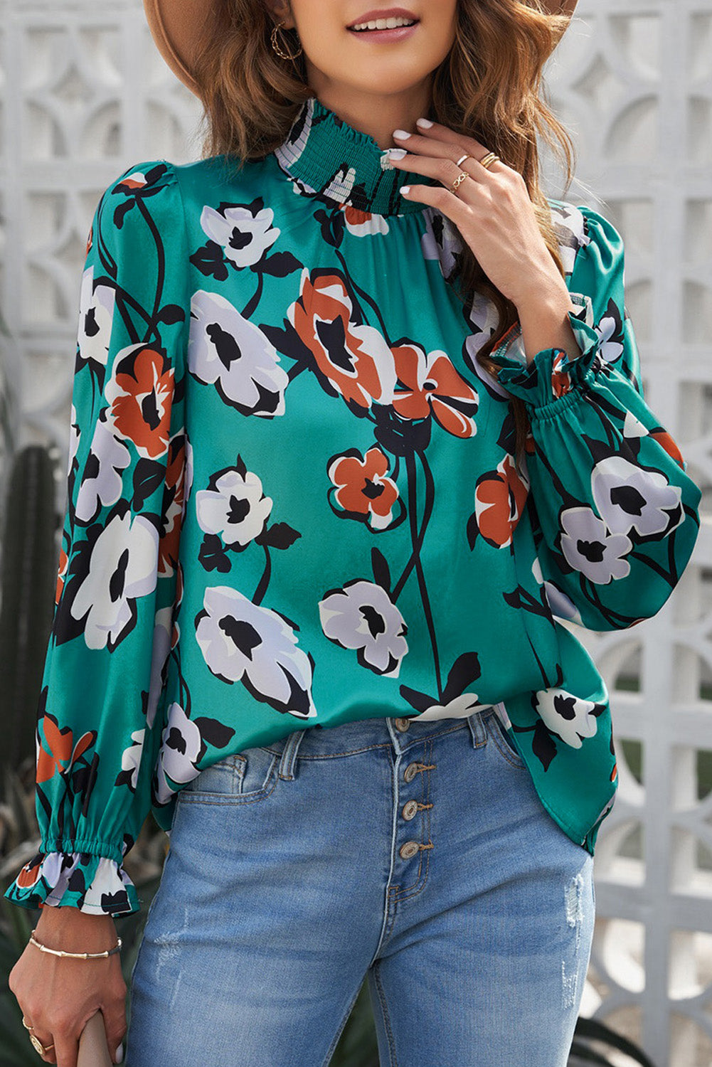 Floral Print Smocked Mock Neck Blouse