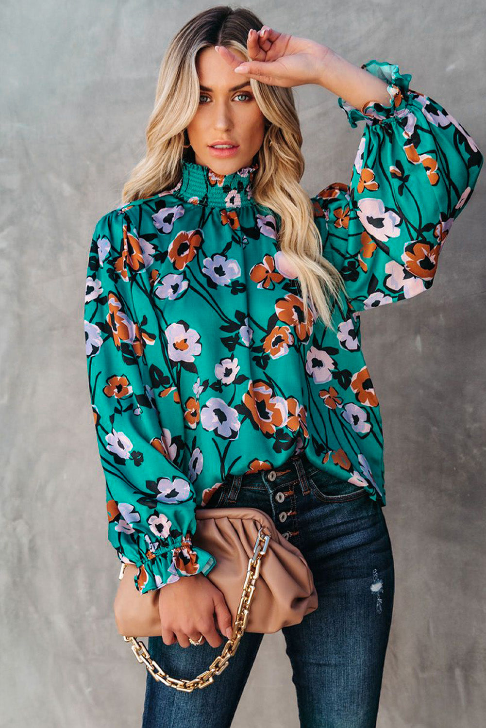 Floral Print Smocked Mock Neck Blouse