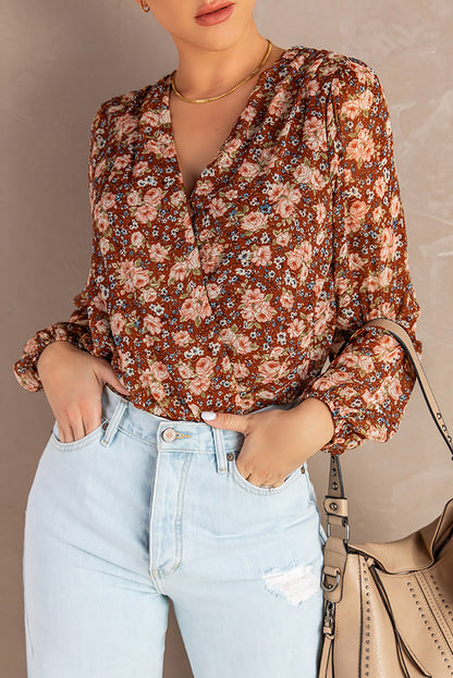 Floral Bubble Sleeve V Neck Wrap Blouse