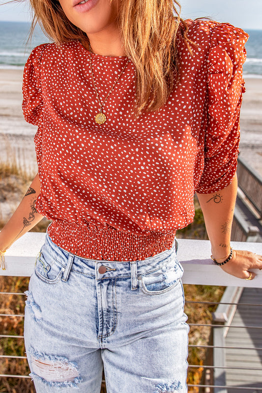 Polka Dot Print Smocked Keyhole Back Top