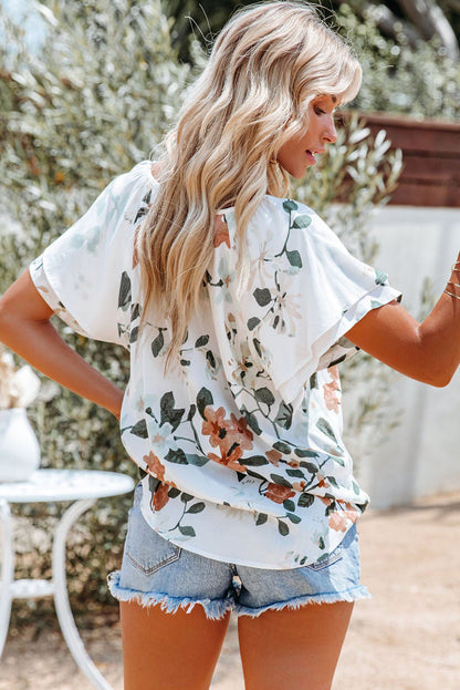 Floral Print Drawstring V Neck Short Sleeve Blouse