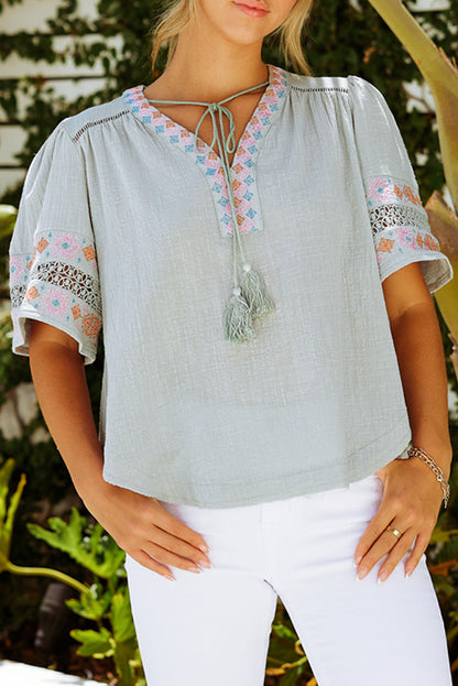 Gray Embroidered Half Sleeve V Neck Top