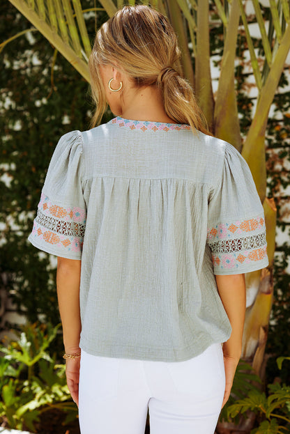 Gray Embroidered Half Sleeve V Neck Top