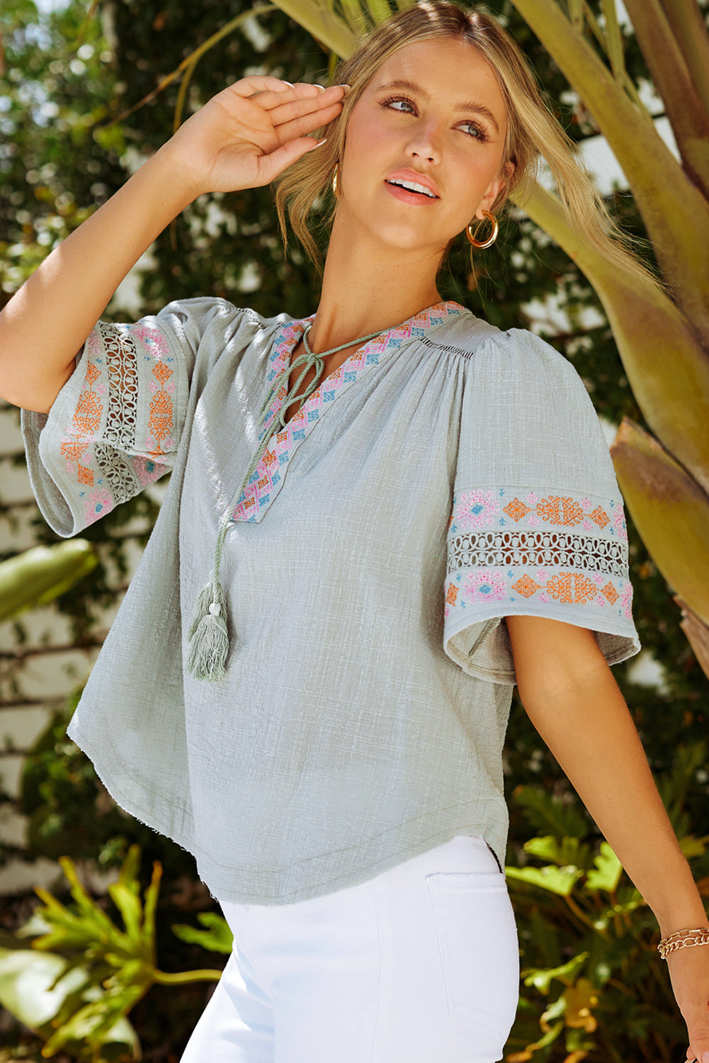 Gray Embroidered Half Sleeve V Neck Top