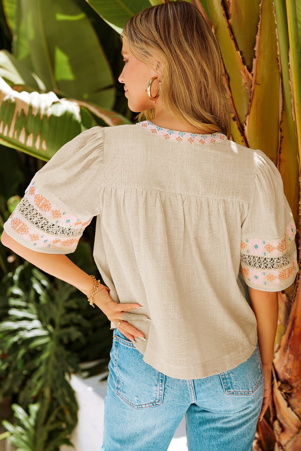 Beige Embroidered Half Sleeve V Neck Top