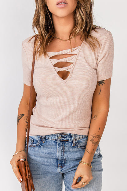 Strappy Hollow-out Neck Rib Knit Top