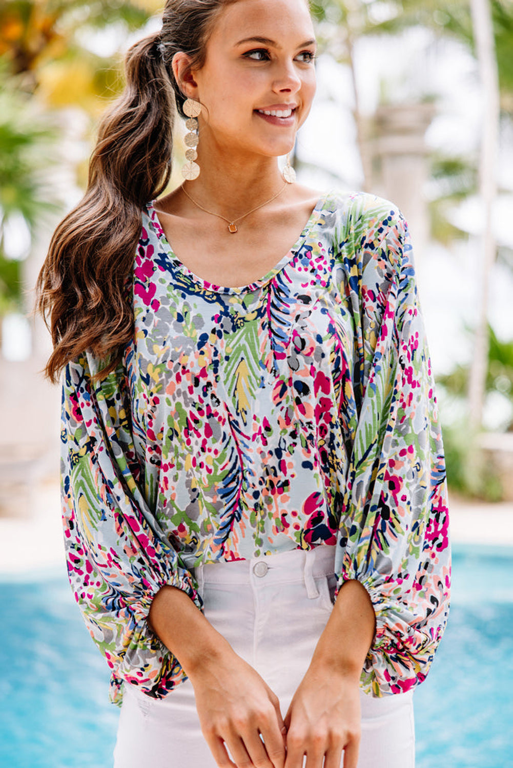 Floral Print Puffy Sleeve Loose Blouse