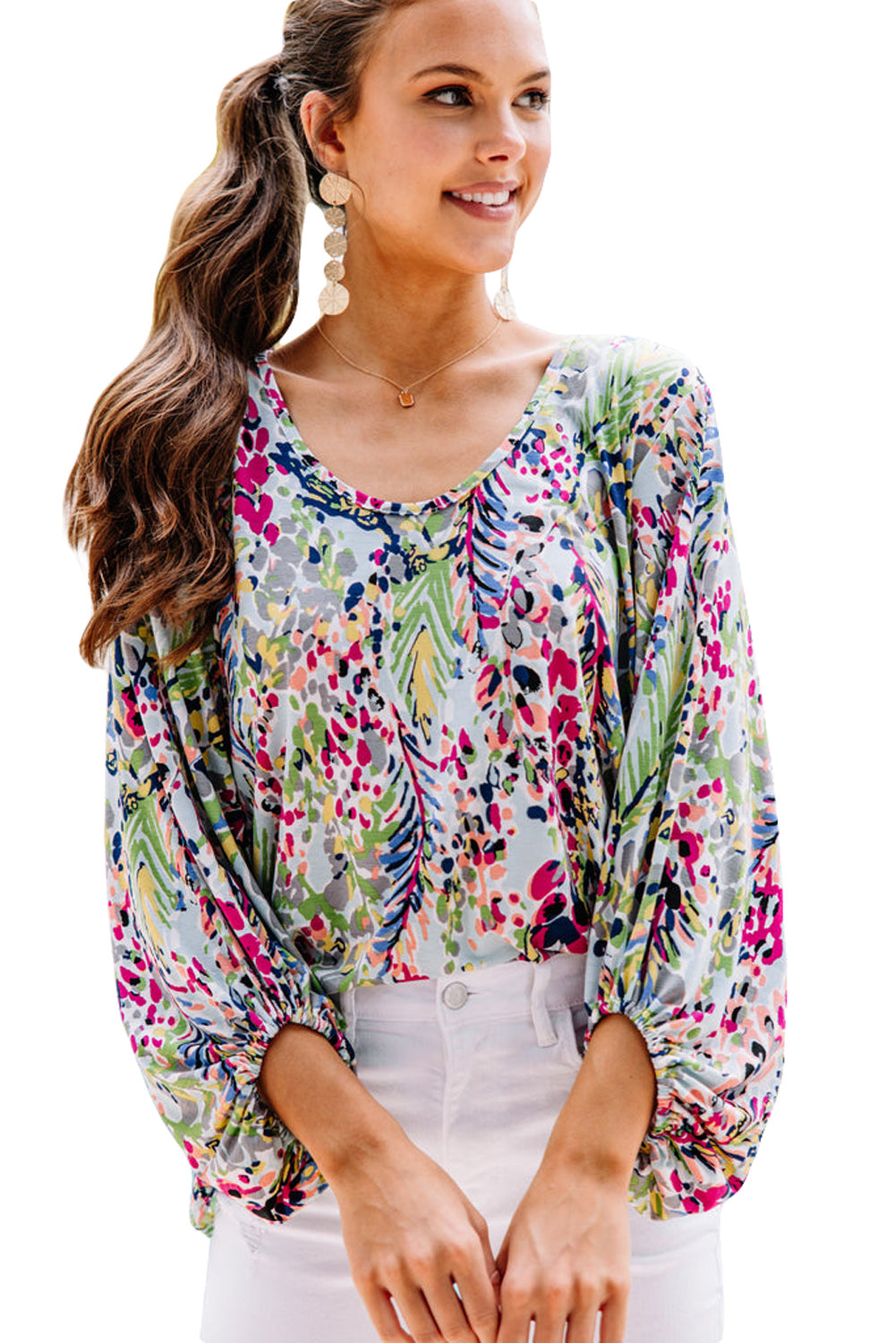 Floral Print Puffy Sleeve Loose Blouse