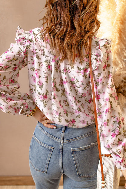 Ruffled Shoulder Front Wrap Floral Blouse