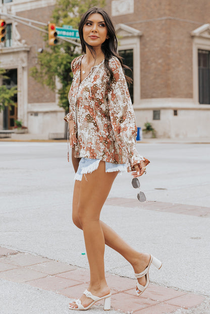 Floral Long Sleeve Lace-up V Neck Blouse