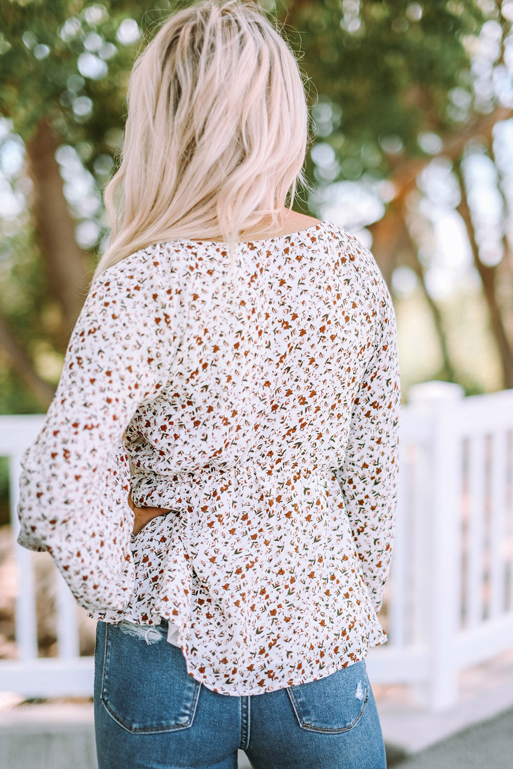 Floral Tie Front Long Sleeve Blouse