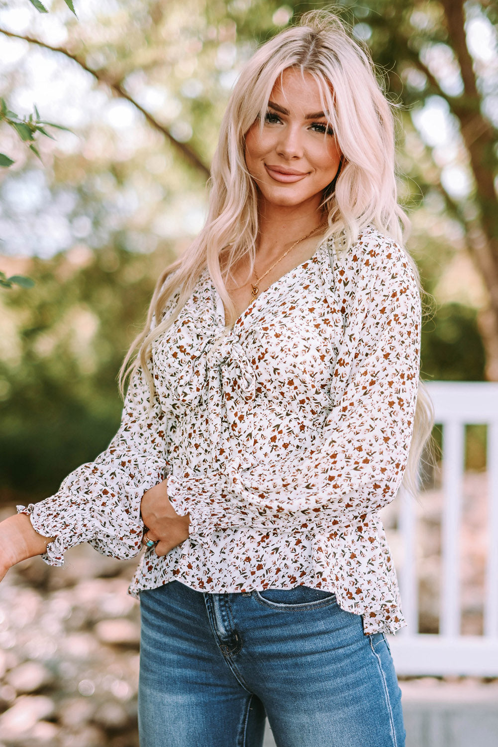 Floral Tie Front Long Sleeve Blouse