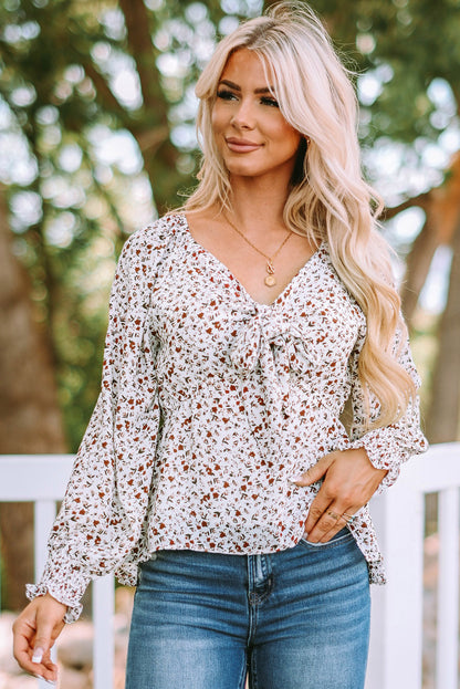 Floral Tie Front Long Sleeve Blouse