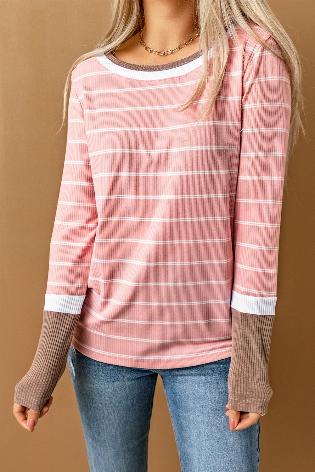 Pink Color Block Cuffs Rib Knit Striped Pullover