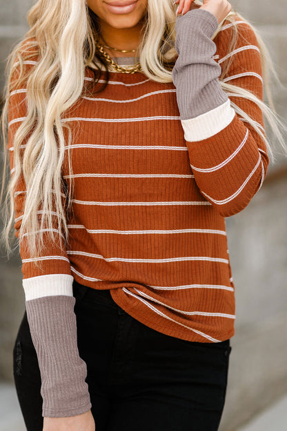 Brown Color Block Cuffs Rib Knit Striped Pullover