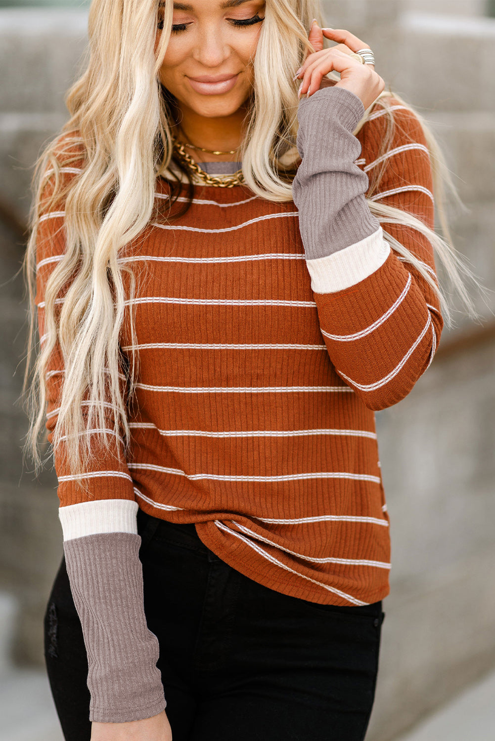 Brown Color Block Cuffs Rib Knit Striped Pullover