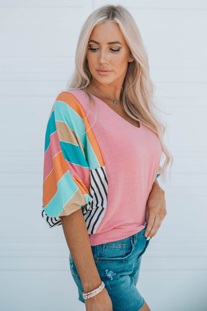 Stripe Color Block Bubble Sleeve Top