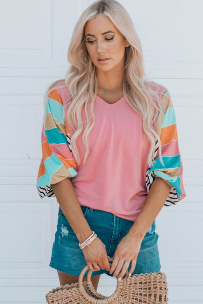 Stripe Color Block Bubble Sleeve Top