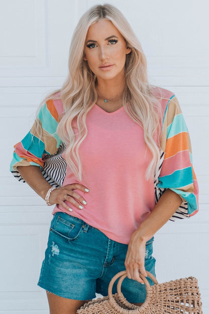 Stripe Color Block Bubble Sleeve Top