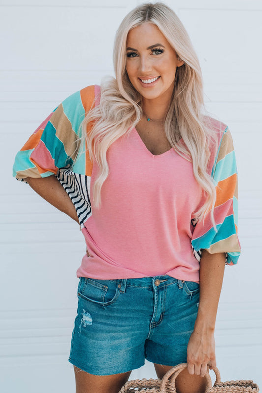 Stripe Color Block Bubble Sleeve Top