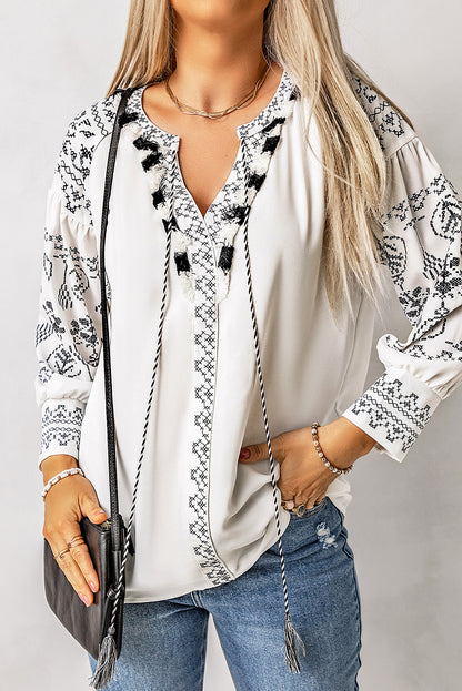 Embroidered Split Neck Blouse