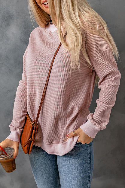 Pink Crew Neck Ribbed Trim Waffle Knit Top