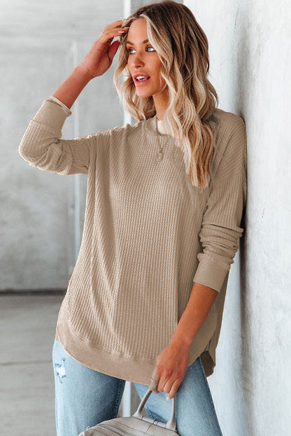 Beige Crew Neck Ribbed Trim Waffle Knit Top