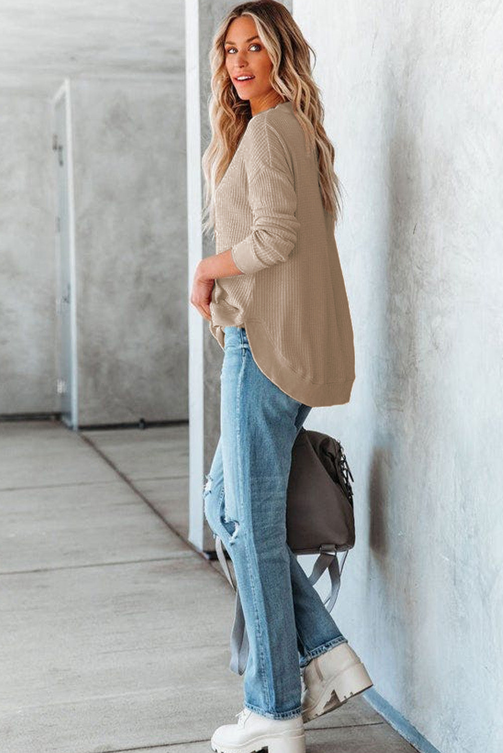 Beige Crew Neck Ribbed Trim Waffle Knit Top