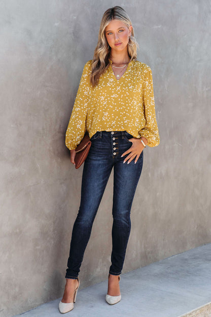 Yellow Split Neck Fall Printed Crinkled Blouse