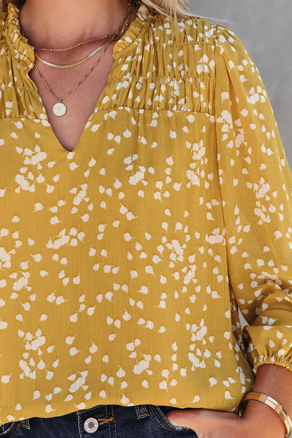 Yellow Split Neck Fall Printed Crinkled Blouse