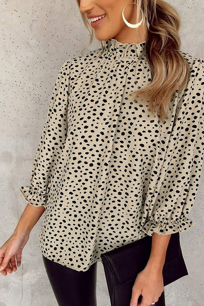 Frilled Neck 3/4 Sleeves Cheetah Blouse