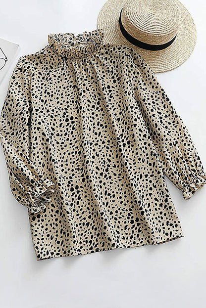 Frilled Neck 3/4 Sleeves Cheetah Blouse