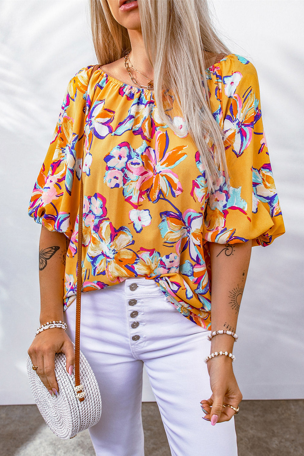 Floral Print Elastic Neckline Blouse