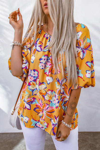 Floral Print Elastic Neckline Blouse