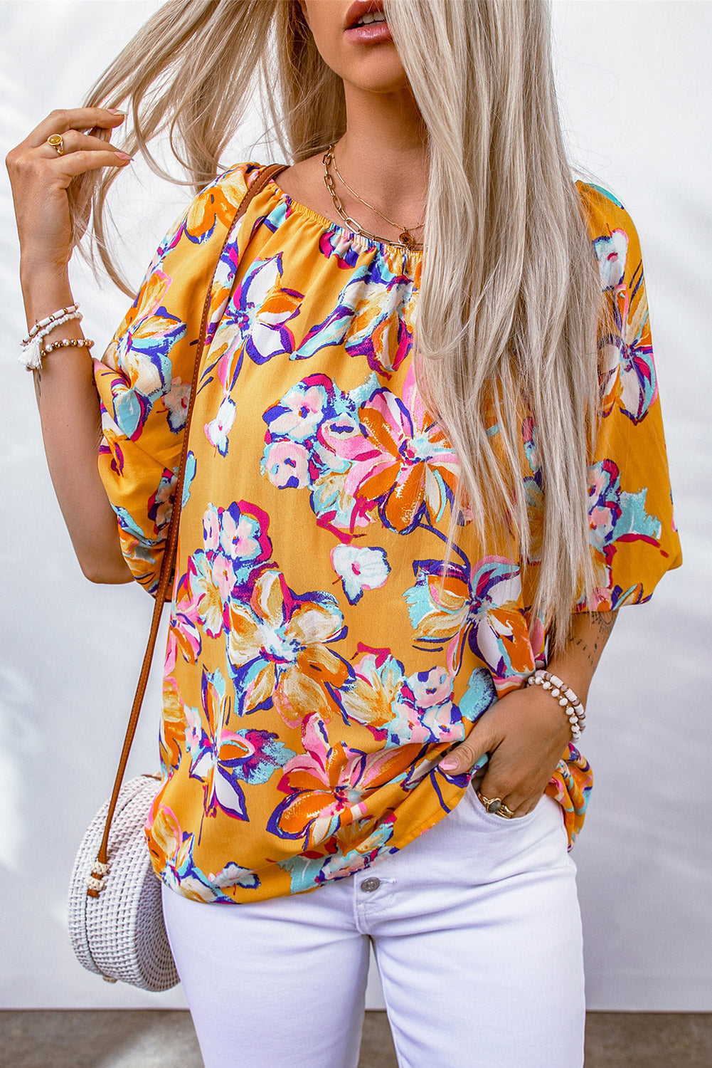 Floral Print Elastic Neckline Blouse