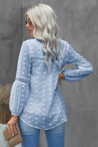 Ruffled Split Neck Lace Hollow Out Puff Sleeve Polka Dot Blouse | 4 Colors |