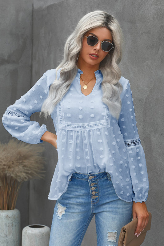 Ruffled Split Neck Lace Hollow Out Puff Sleeve Polka Dot Blouse | 4 Colors |