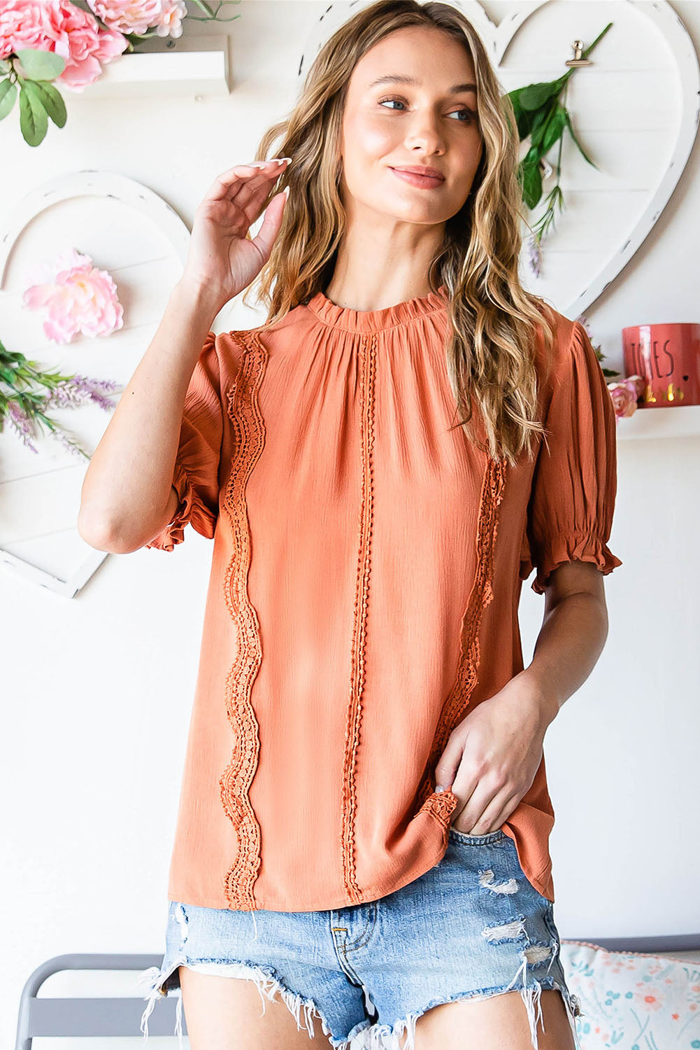 Crochet Frilled Neck Puff Sleeve Blouse